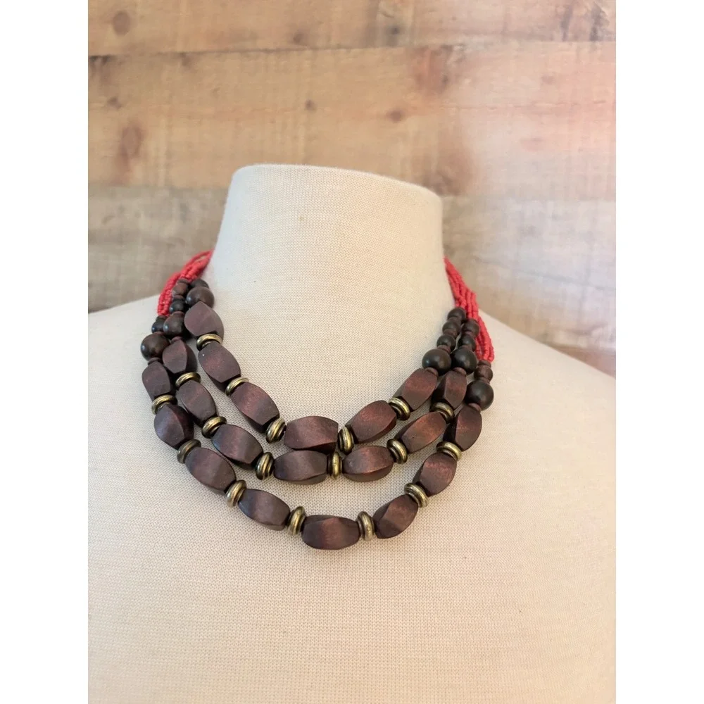 Coldwater Creek Red Seed Bead Chunky Brown Wood Multistrand Statement Necklace